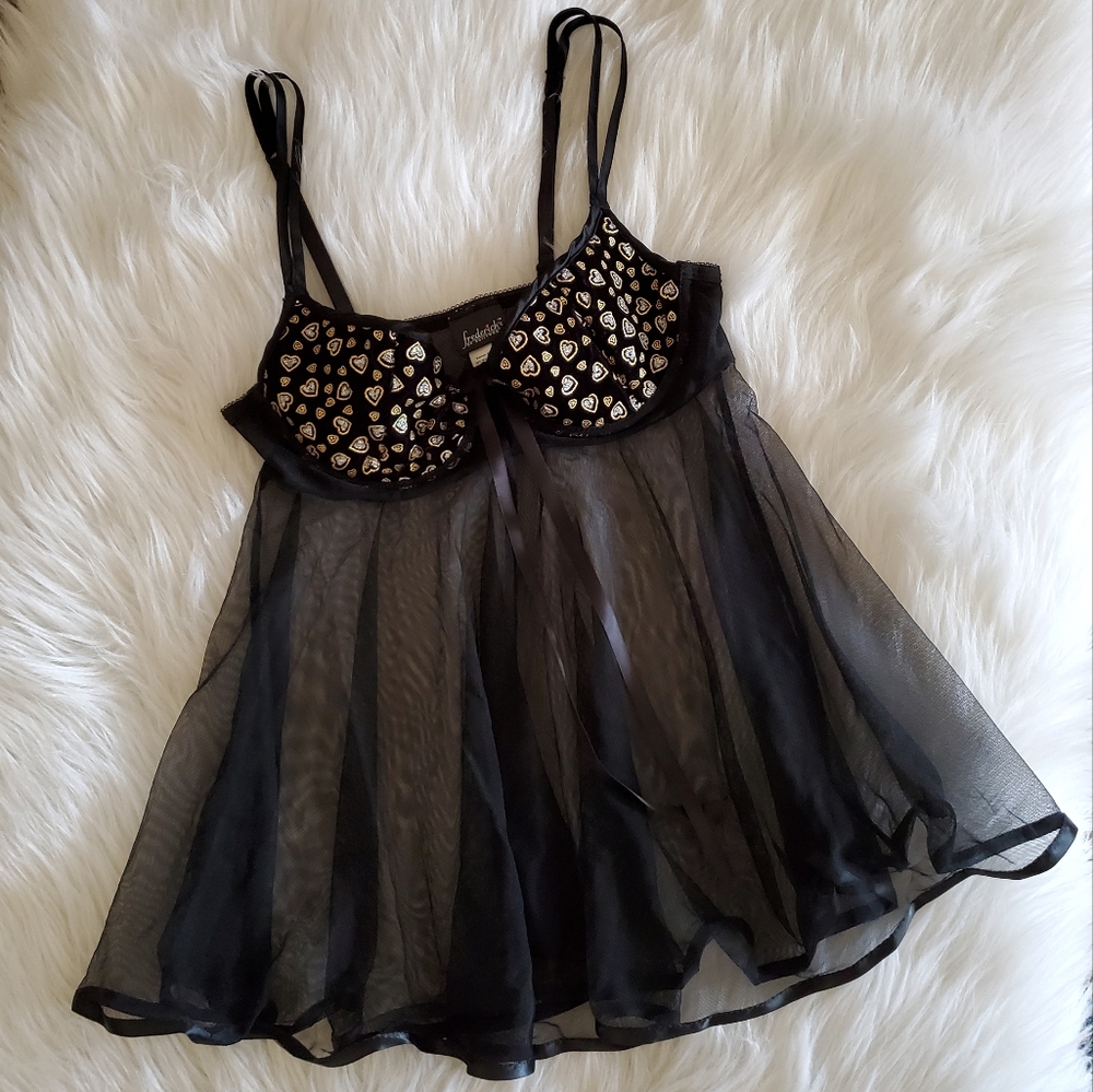 Frederick's of Hollywood Black Sheer Babydoll with Golden Hearts Cute Bra Design
